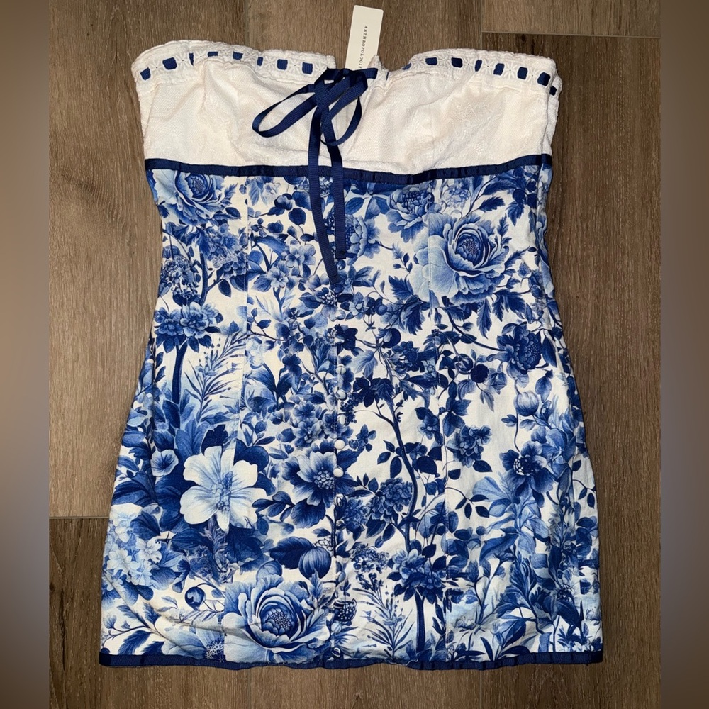 NWT Maeve by Anthropopogie Blue White Floral Tie Front Mini Dress Size Medium M